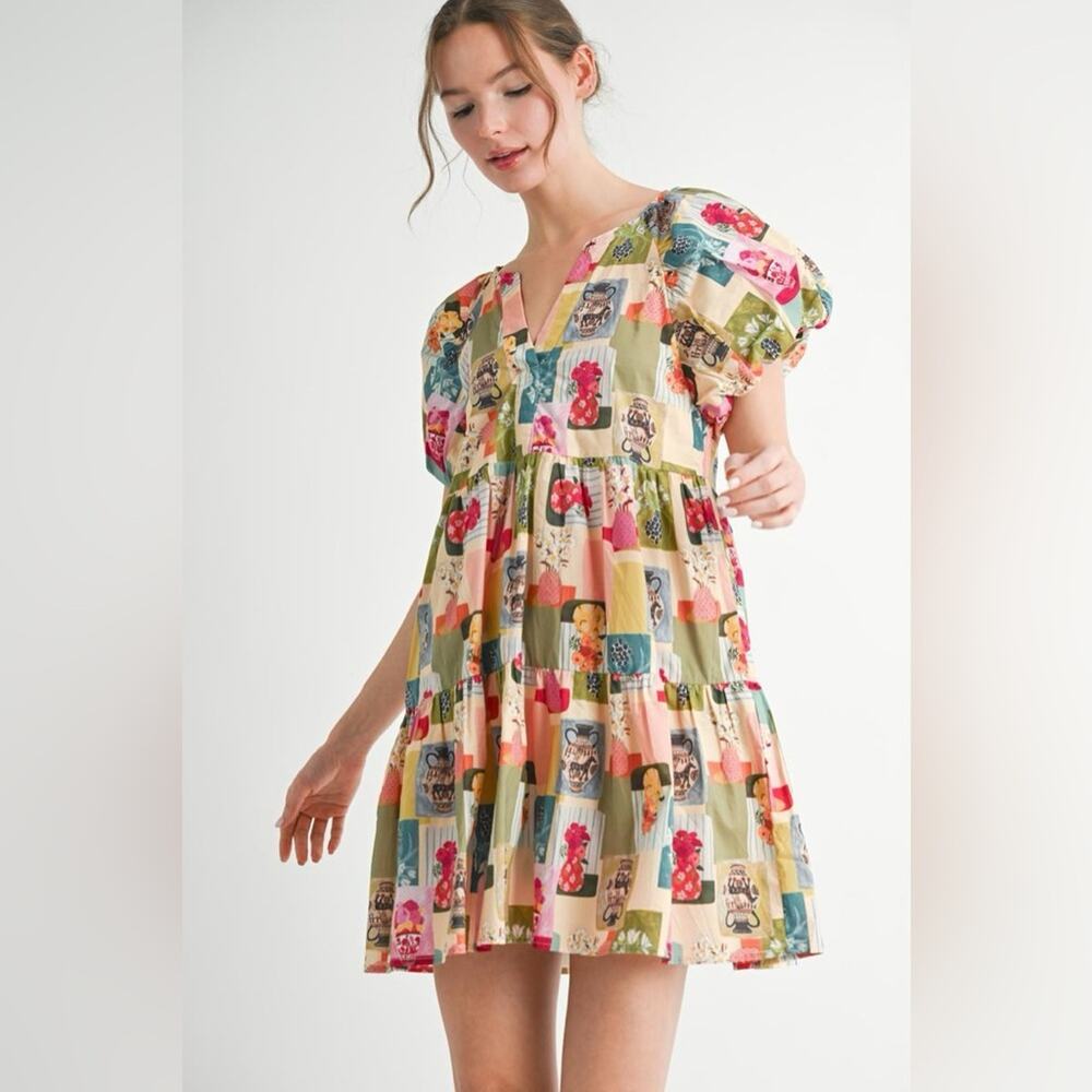 NWT JODIFL Patchwork Floral Tiered Short Tiered Mini Dress